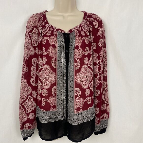 Lucky Brand Tunic Top Womens Small Boho Paisley Button Down Smocked Semi Sheer - Picture 2 of 10